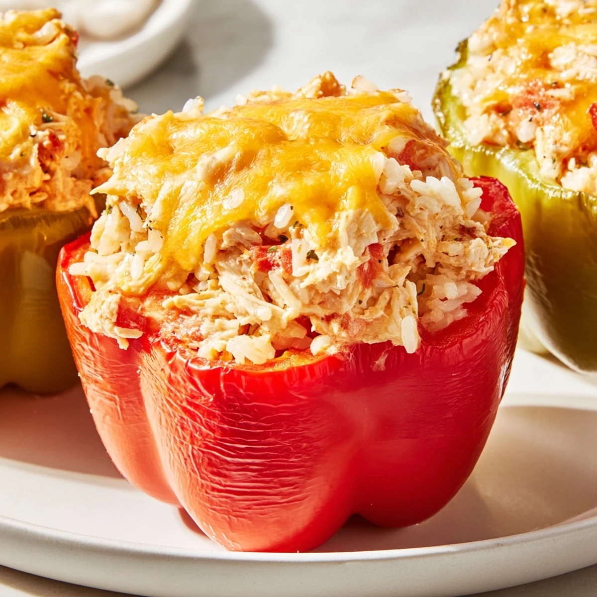 Golden, bubbly Cheesy Chicken Stuffed Peppers, a comforting American dinner with melting cheddar cheese.