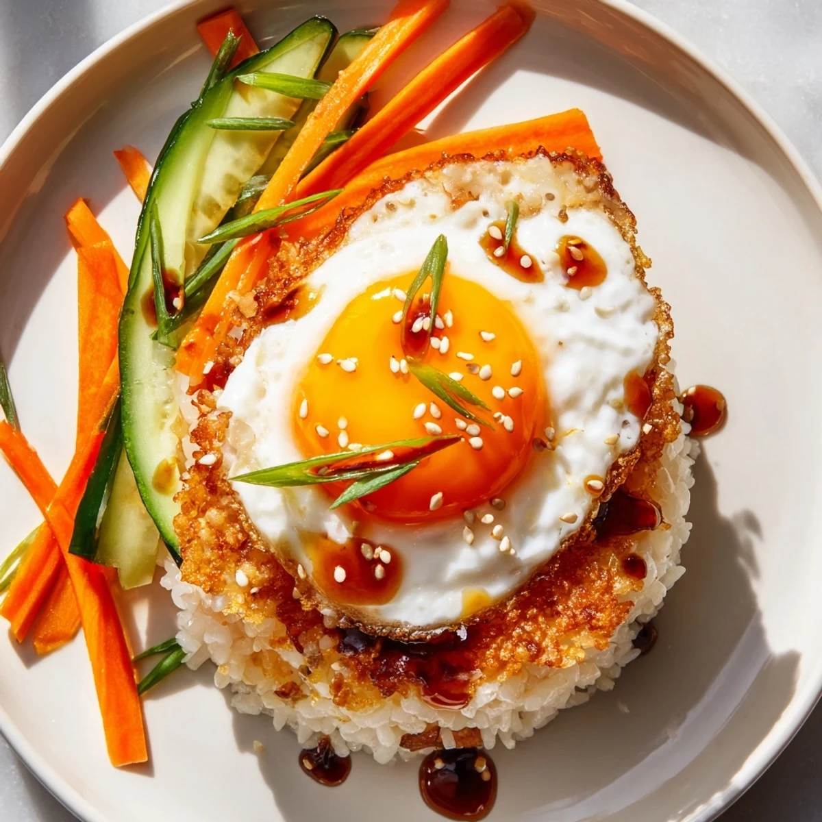 A perfectly fried egg sits atop a delightful Crispy Egg Rice Bowl, ready to be enjoyed with flavorful sauce.