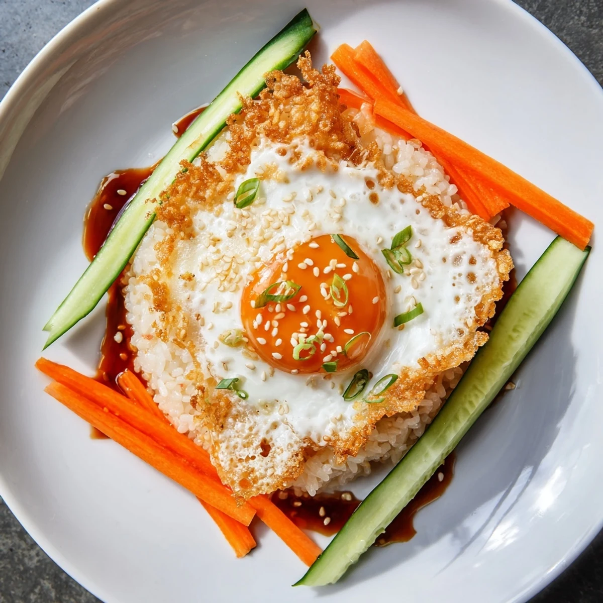 Vibrant vegetables and a runny yolk enhance the savory flavors of this easy Crispy Egg Rice Bowl recipe.