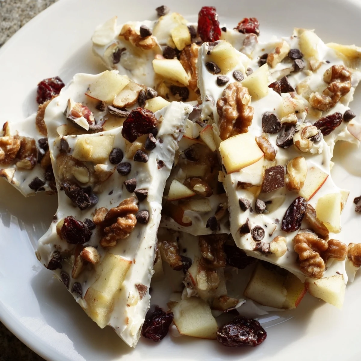A close-up of frozen Apple Cinnamon Yogurt Bark with a dusting of cinnamon and chopped nuts.