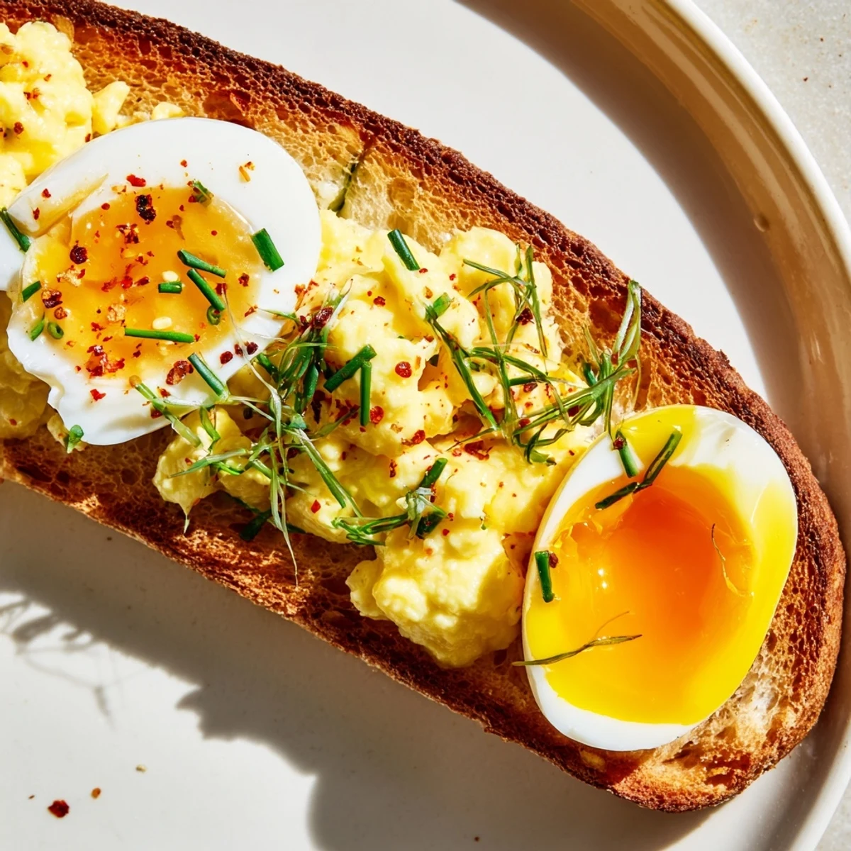 Delicious, varied textures in this Egg Flight Toast: fluffy scrambled, creamy soft-boiled, and a runny fried egg.