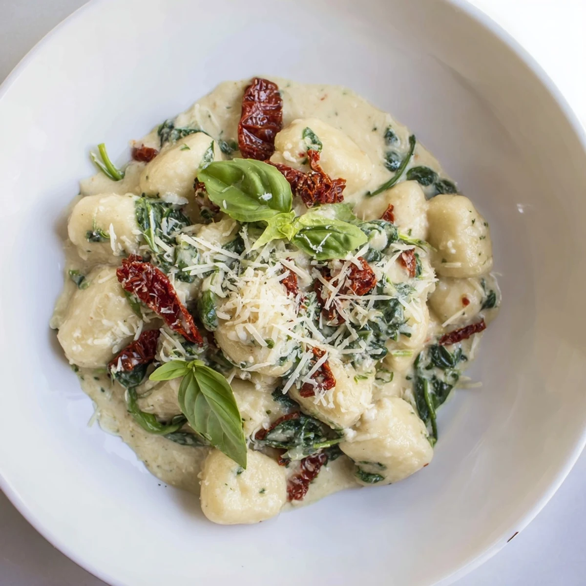 A flavorful skillet of Creamy Tuscan Gnocchi, garnished with fresh basil and Parmesan cheese.