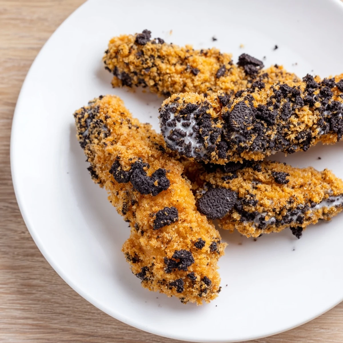 Freshly fried KFC Oreo Krusher-Inspired Fried Chicken Tenders with a crunchy, sweet Oreo coating.