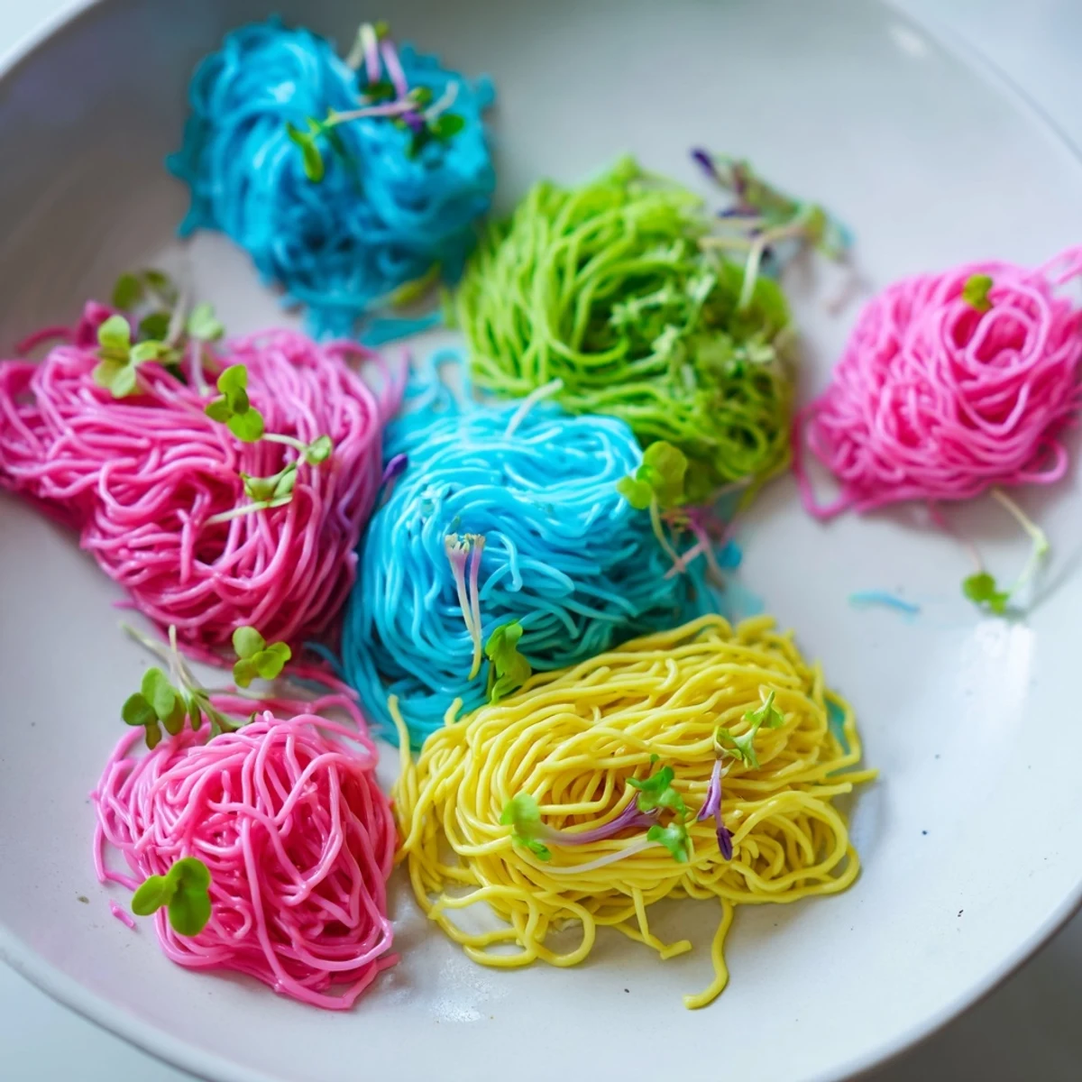 Chilled Neon Noodle Clouds, a visually stunning dish, ready to dip in a savory, umami-rich soy sauce.