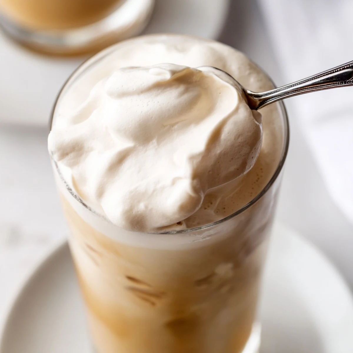 Creamy Starbucks cold foam gently spooned over an iced coffee, offering a cool, decadent taste.
