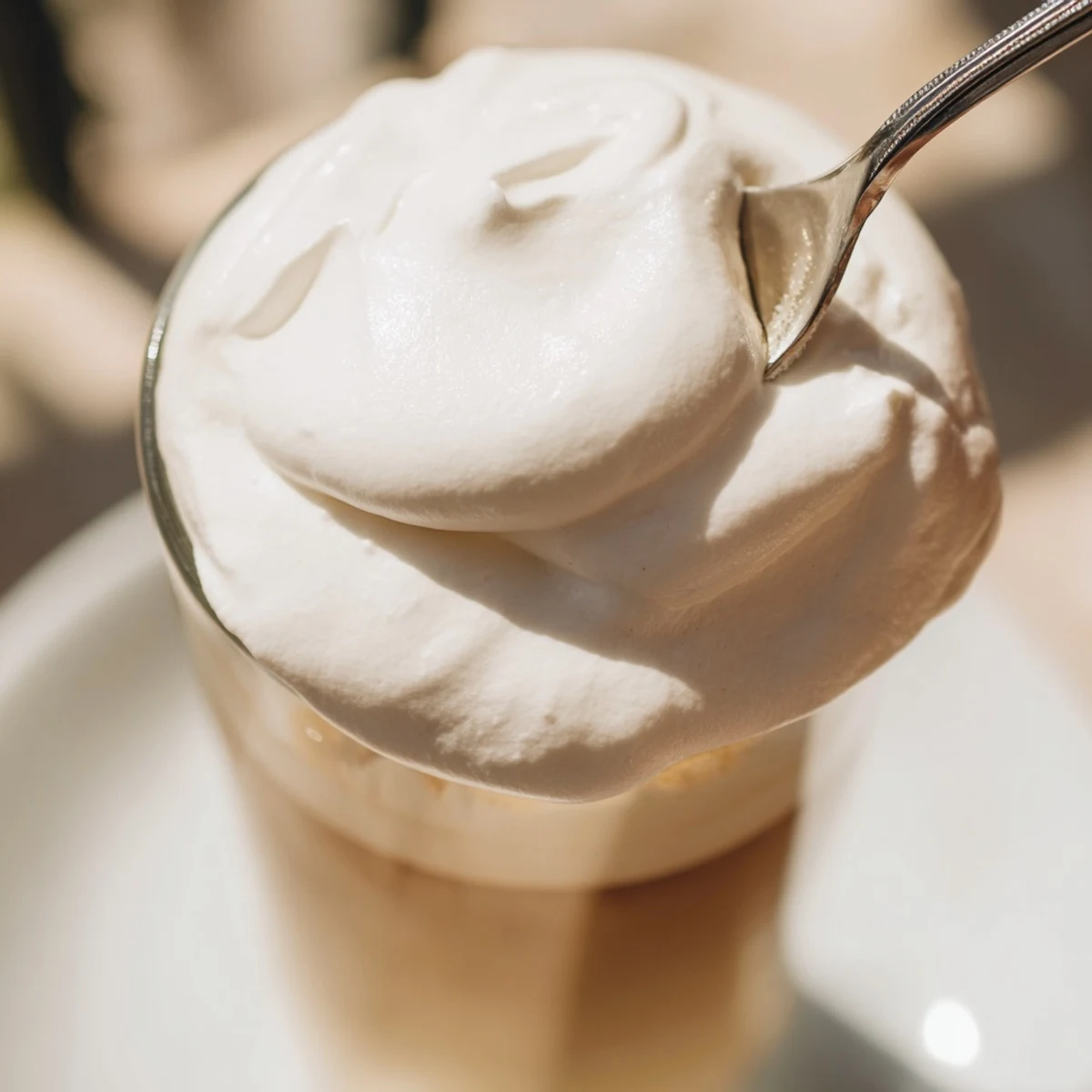 Iced coffee topped with luxurious Starbucks cold foam, swirled and ready to enjoy on a sunny day.