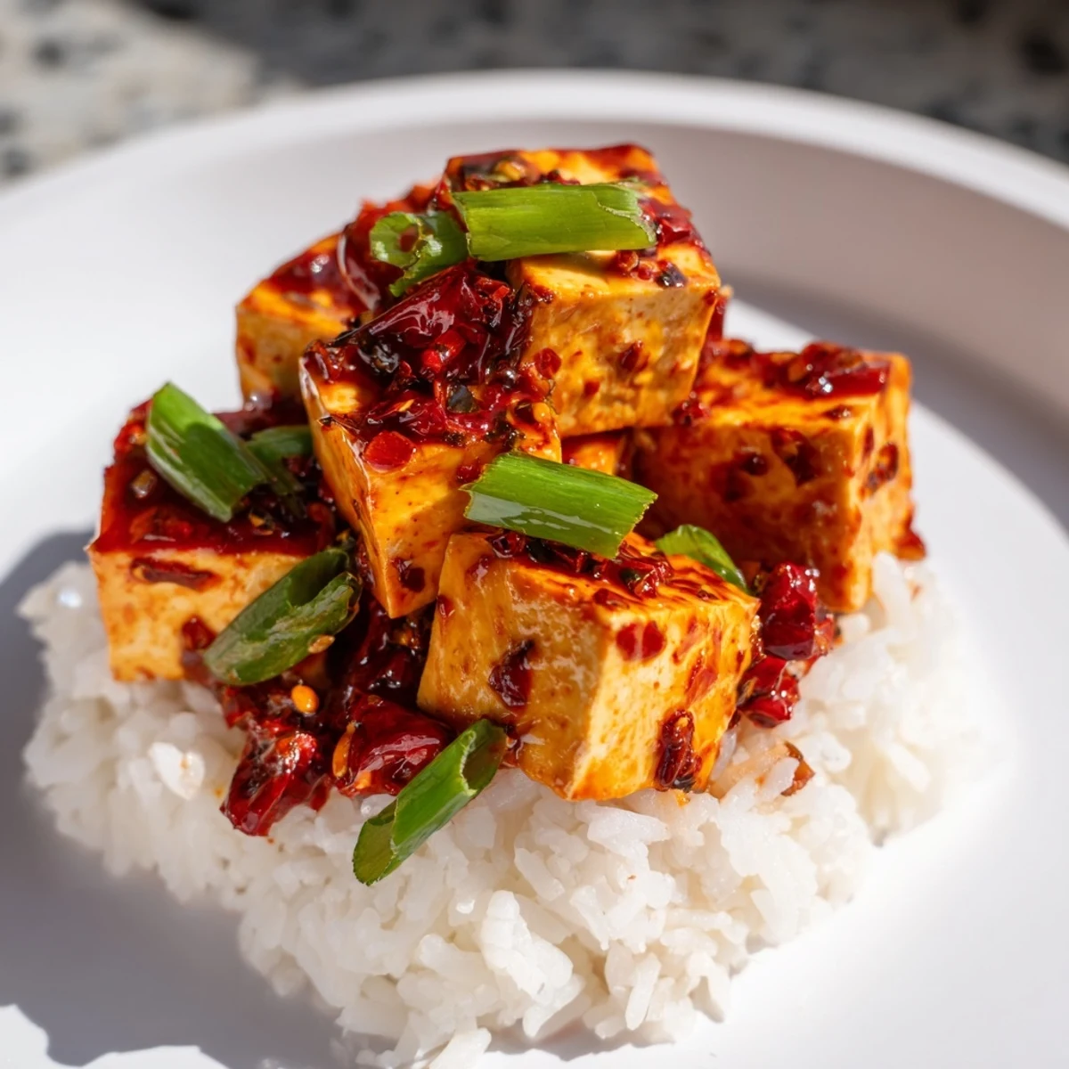 A steaming bowl of Chinese Mapo Tofu with soft tofu and spicy sauce, ready to serve.