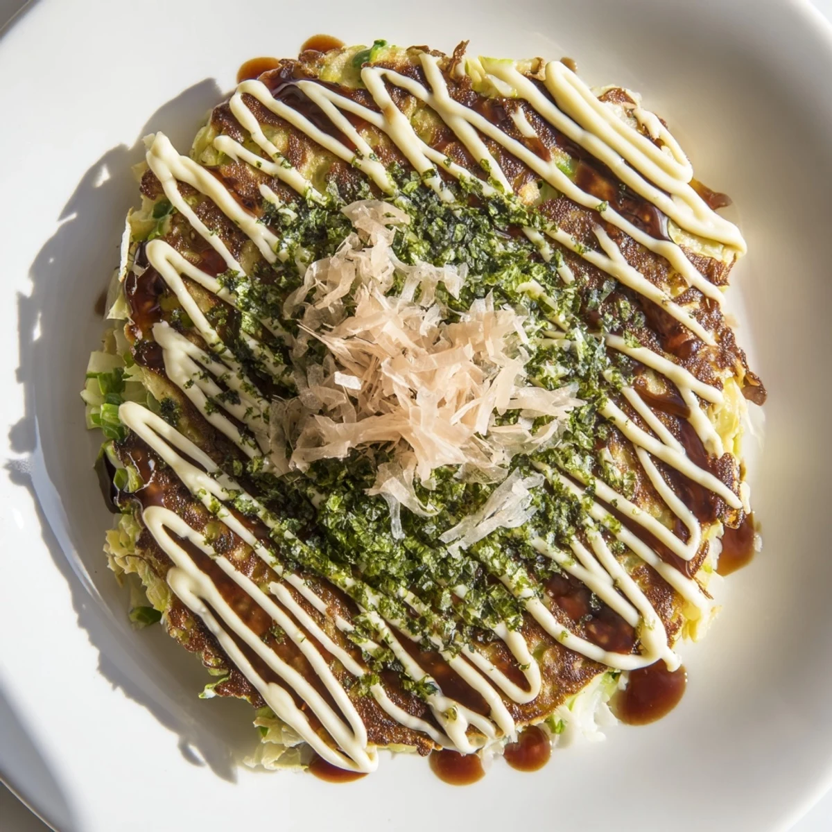 Savory Japanese Okonomiyaki pancakes topped with a swirl of sauce and dancing bonito flakes are ready to eat.