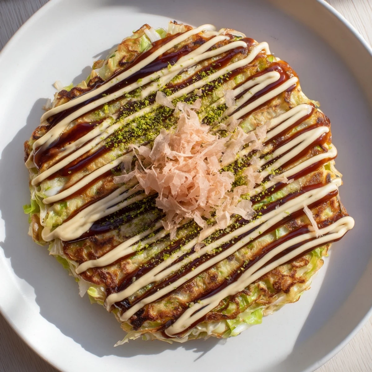 A stack of delicious Okonomiyaki pancakes, steaming and ready, with layers of cabbage and toppings.