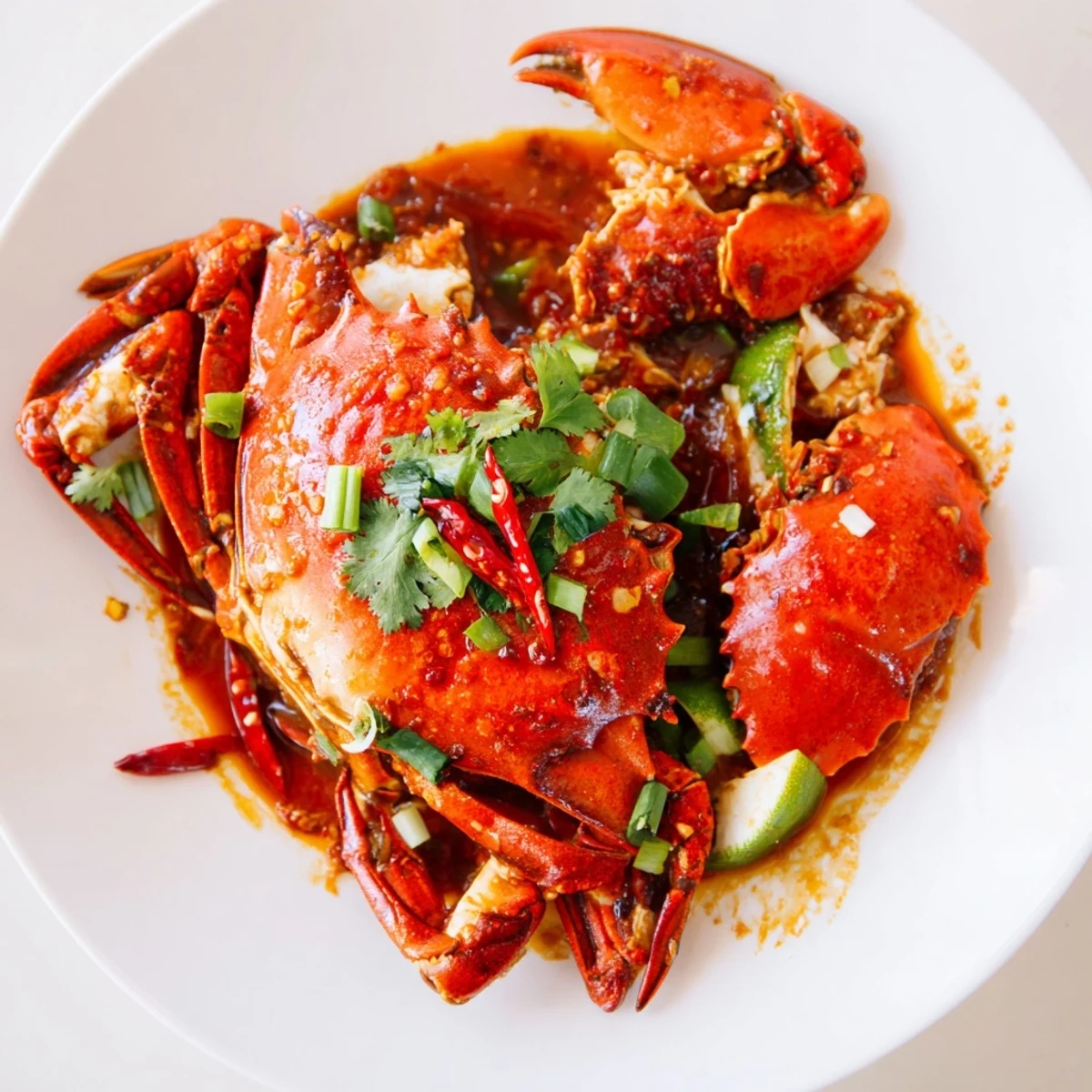 Fragrant Singaporean chili crab served sizzling, garnished with fresh cilantro and ready for dipping.