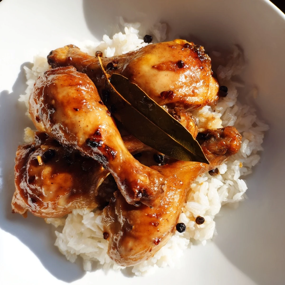 Steaming Filipino Chicken Adobo, perfectly tender chicken glistening with savory sauce, ready to serve with rice.