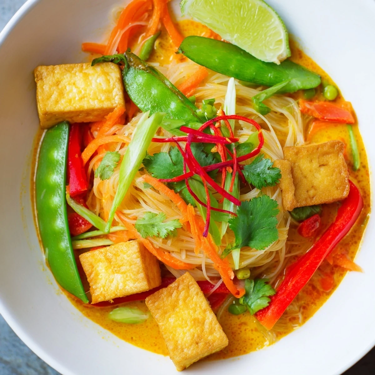 Steaming bowl of Malaysian Laksa Curry, a rich, coconut-infused noodle soup with colorful vegetables.