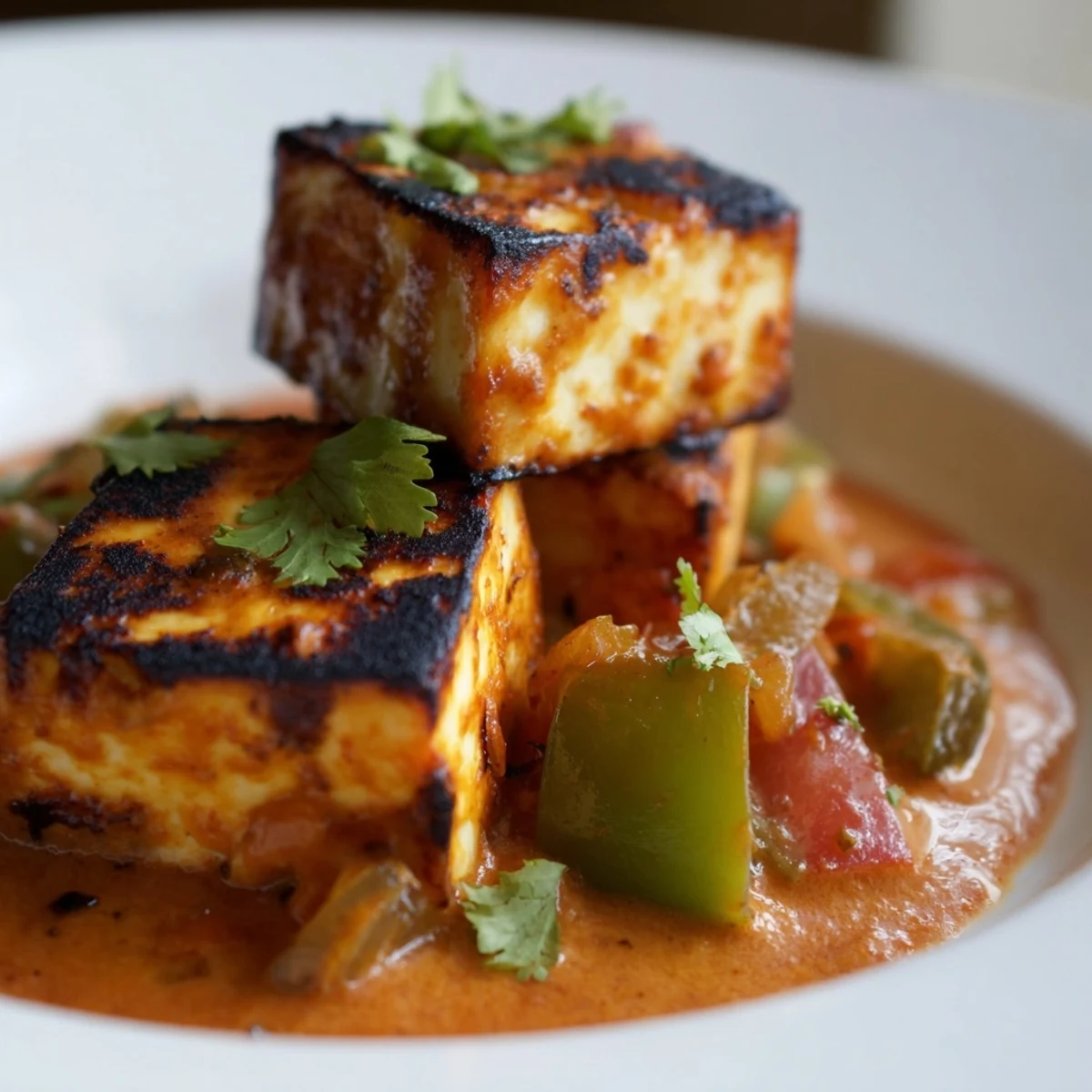 Tender grilled paneer cheese simmering in a rich, red Paneer Tikka Masala sauce with cilantro.