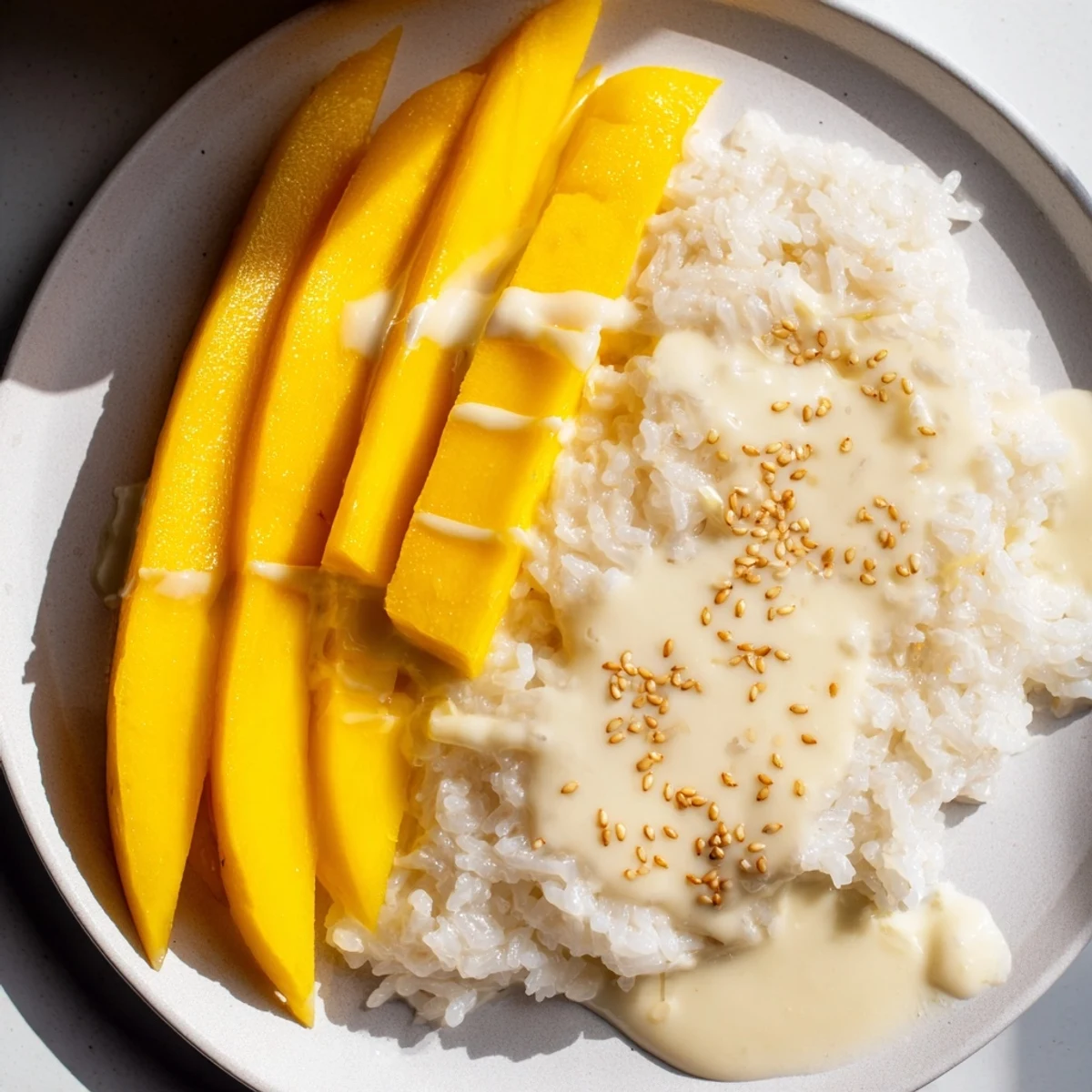 Plated Thai Mango Sticky Rice with bright mango, drizzled coconut sauce and toasted seeds offer a sweet treat.