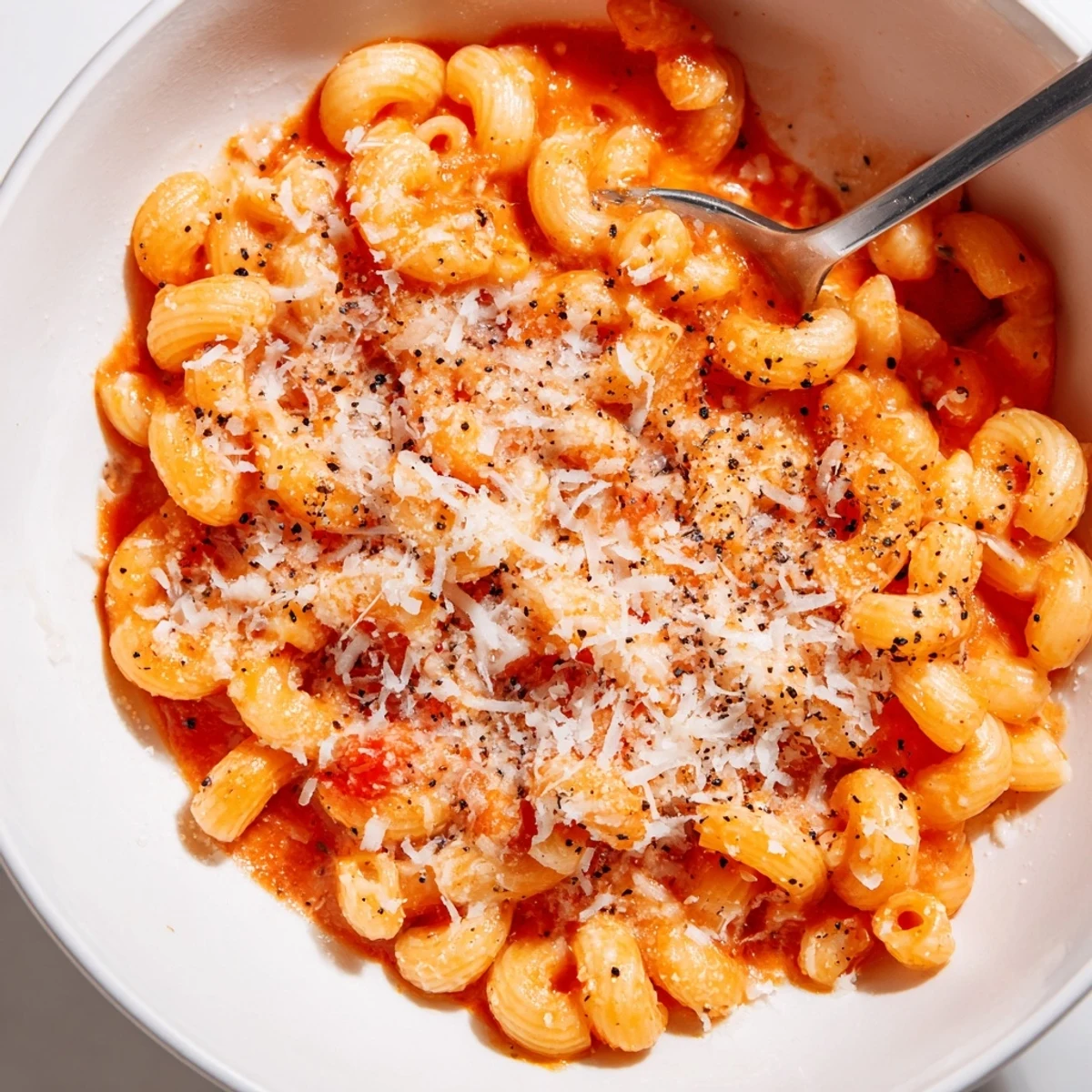 Steaming bowl of Microwave Bowl Pasta, ready to eat, with parmesan cheese and fresh pepper.
