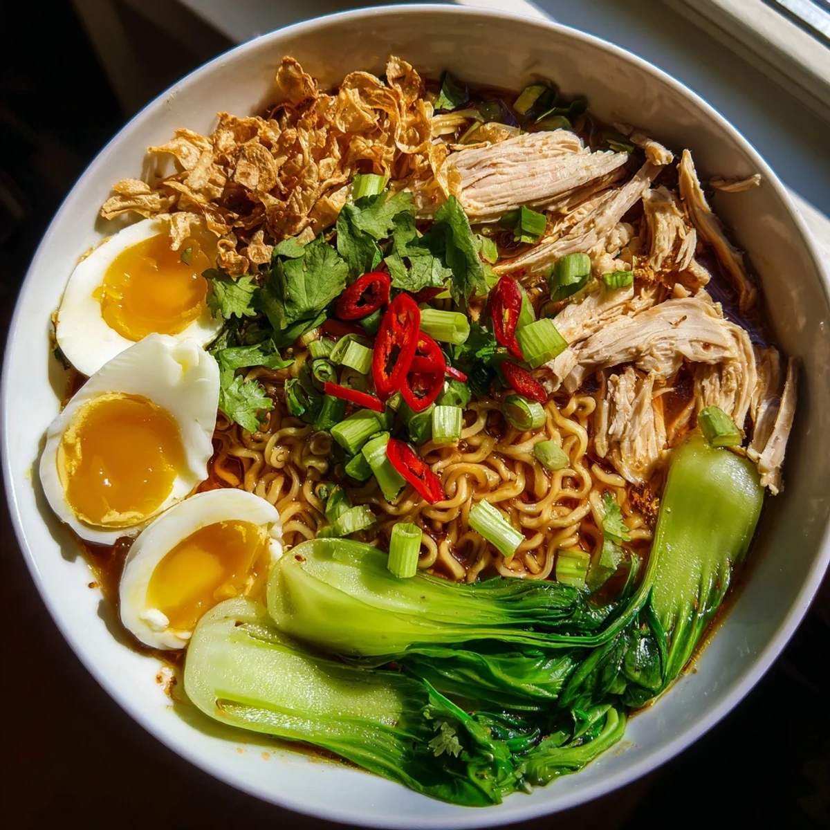 A close-up of a flavorful Thai Miso Ramen Bowl with crispy shallots and fresh cilantro garnishing.