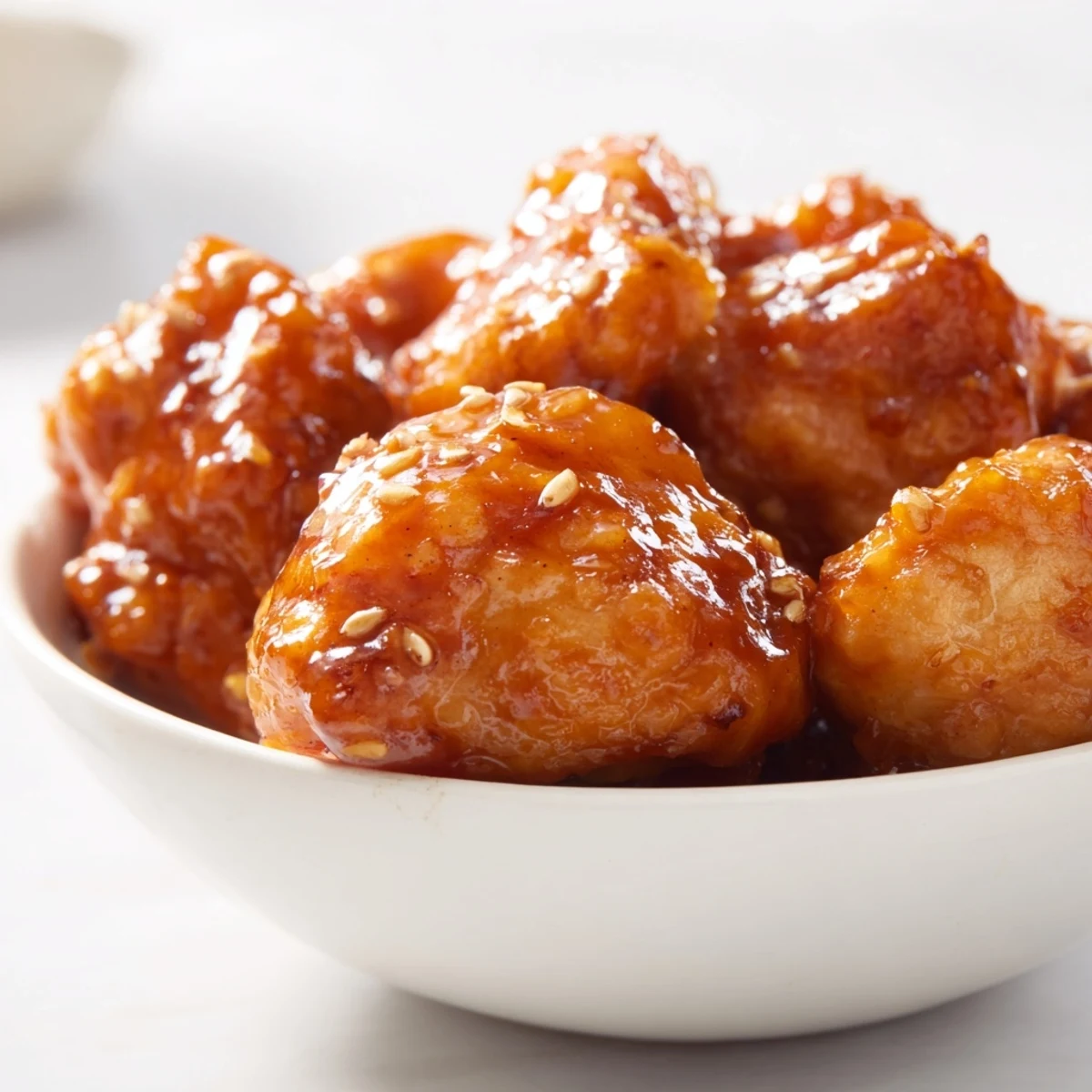 Overhead view of Sweet Chili Chicken Bowl featuring golden-brown chicken coated in chili glaze next to steamed jasmine rice and broccoli.