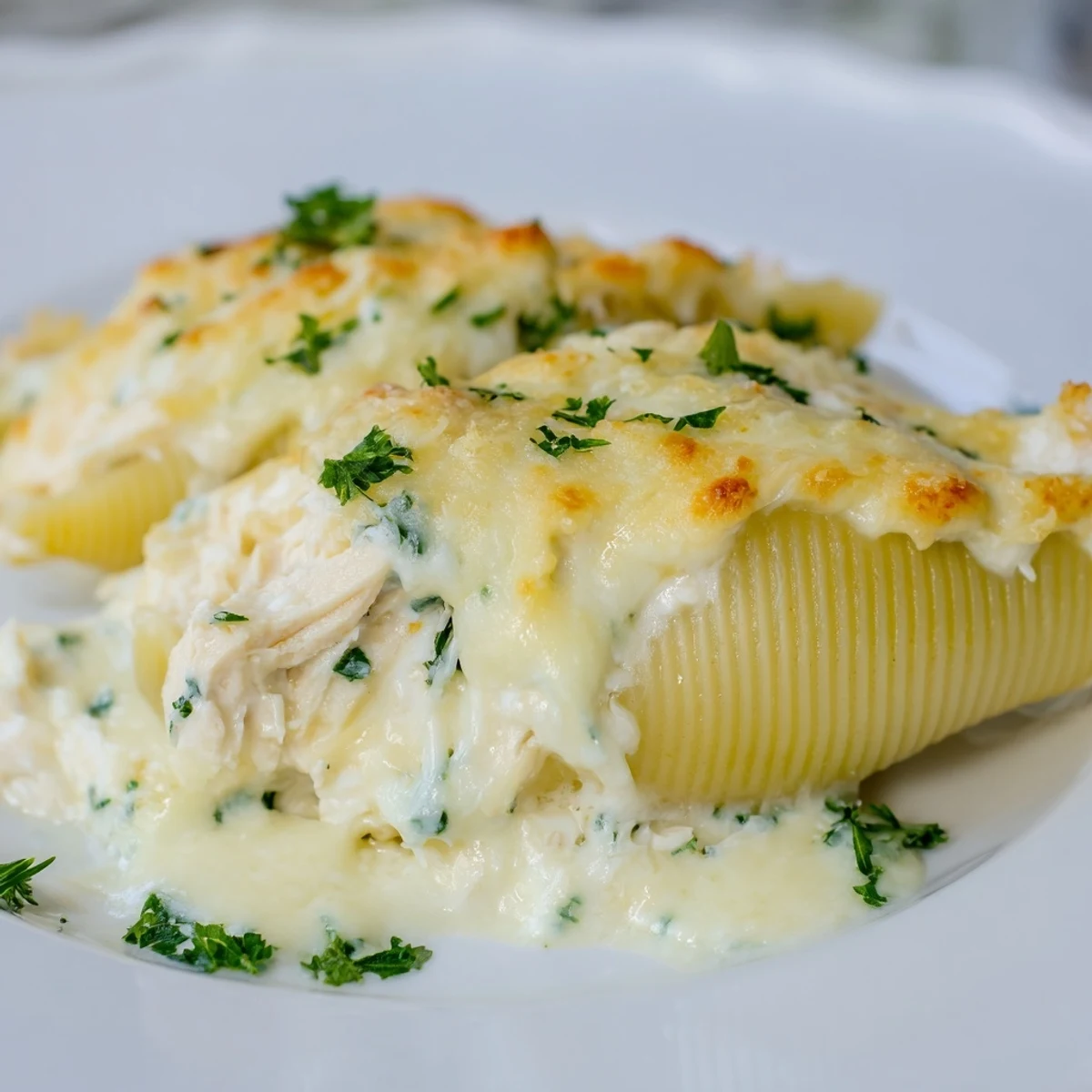 Serve Chicken Alfredo Stuffed Shells on white plates, drizzled with extra sauce beside a crisp green salad.