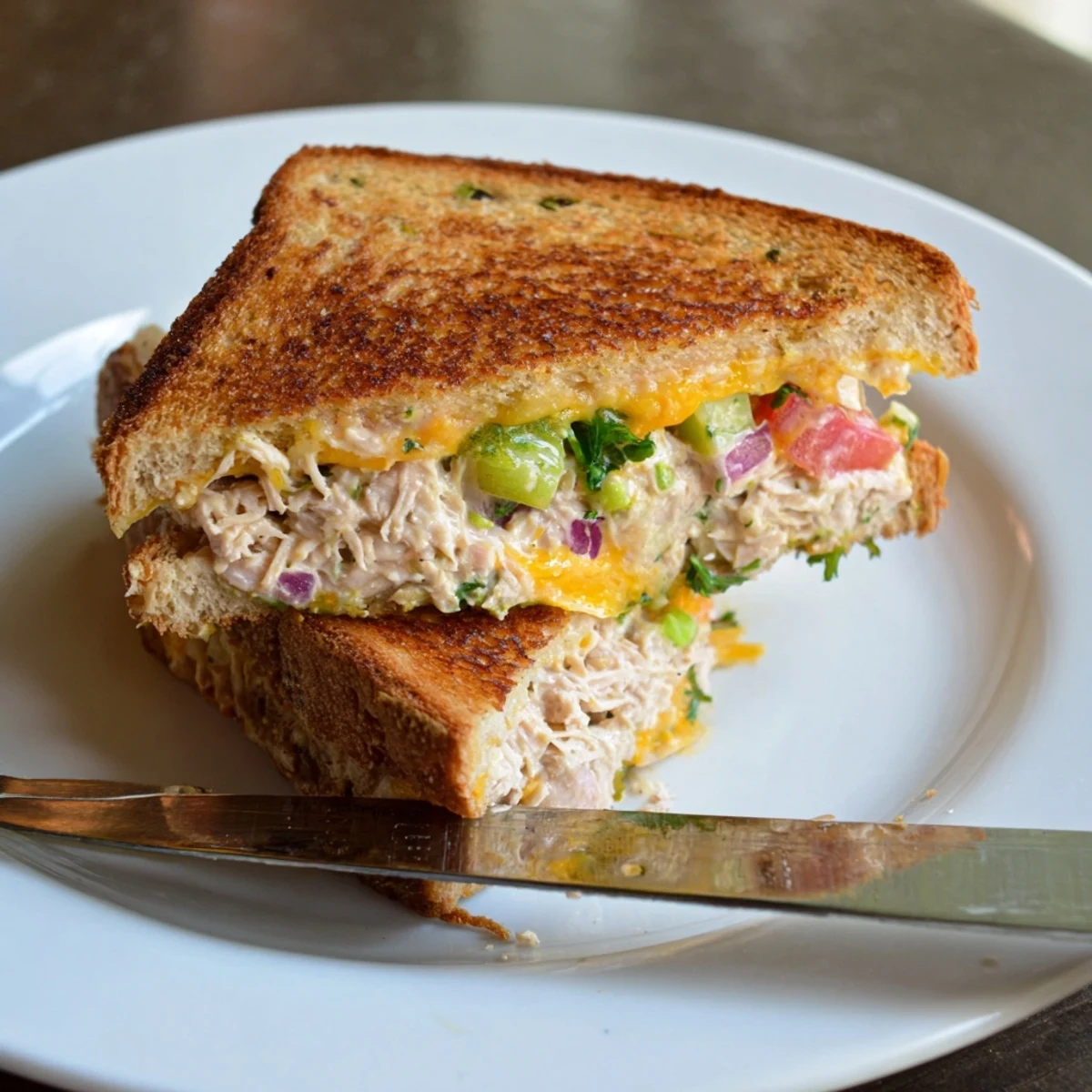 A close-up of a golden-brown Spicy Tuna Melt, sliced to show gooey melted cheddar and the red-flecked tuna salad on toasted sourdough.