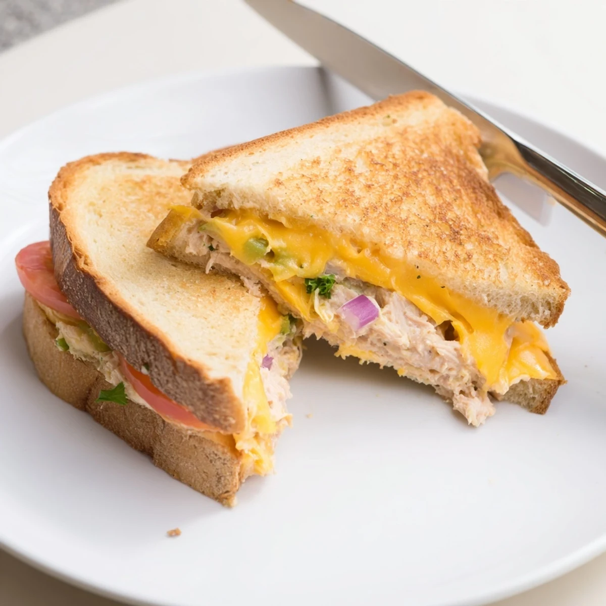 An open skillet holds a perfectly toasted Spicy Tuna Melt, with bubbly cheese oozing over the edges of the buttery sourdough.