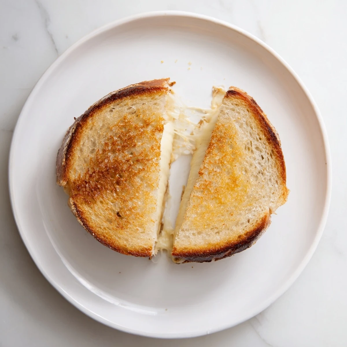 Golden-brown Three-Cheese Grilled Cheese with melted mozzarella, cheddar, and provolone oozing from crispy sourdough slices.  