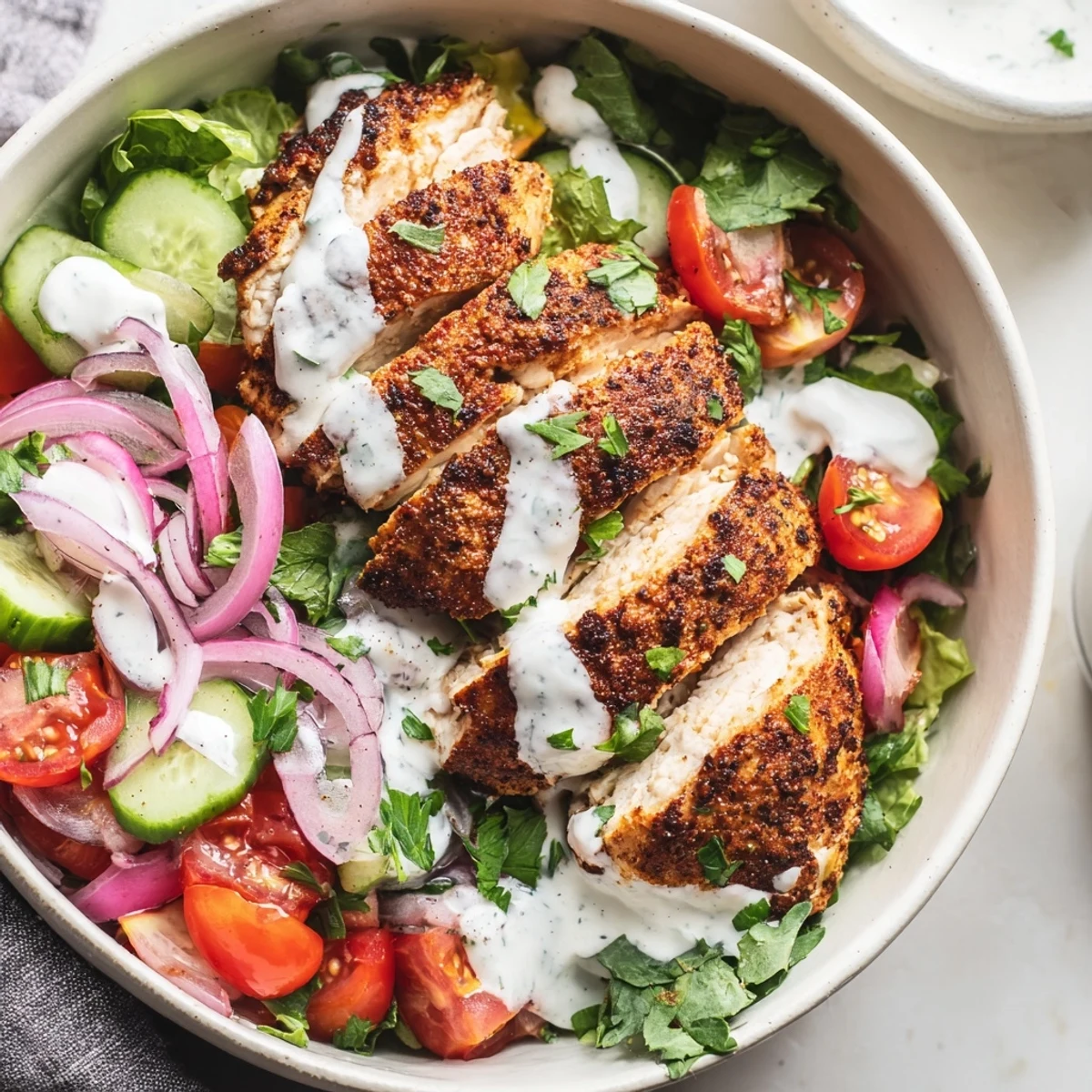 Vibrant Chicken Shawarma Salad Bowl for a healthy lunch, featuring golden sliced chicken and fresh parsley on a bed of mixed greens.  