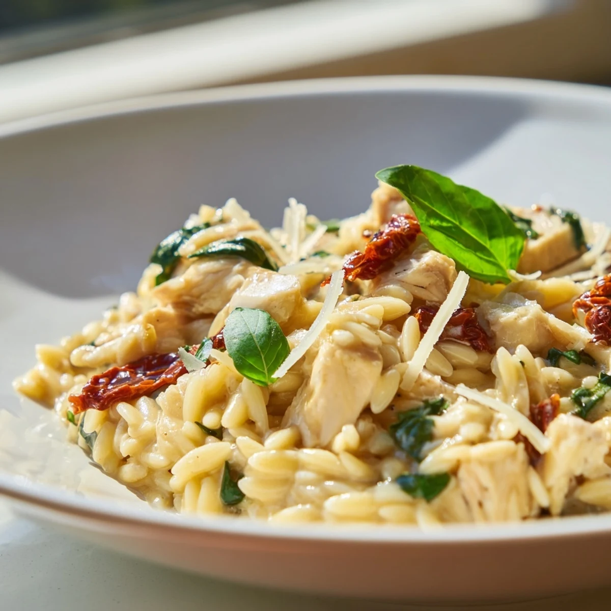 Close-up of vibrant Tuscan Chicken Orzo, highlighting the rich sauce and tender pasta in a rustic setting.