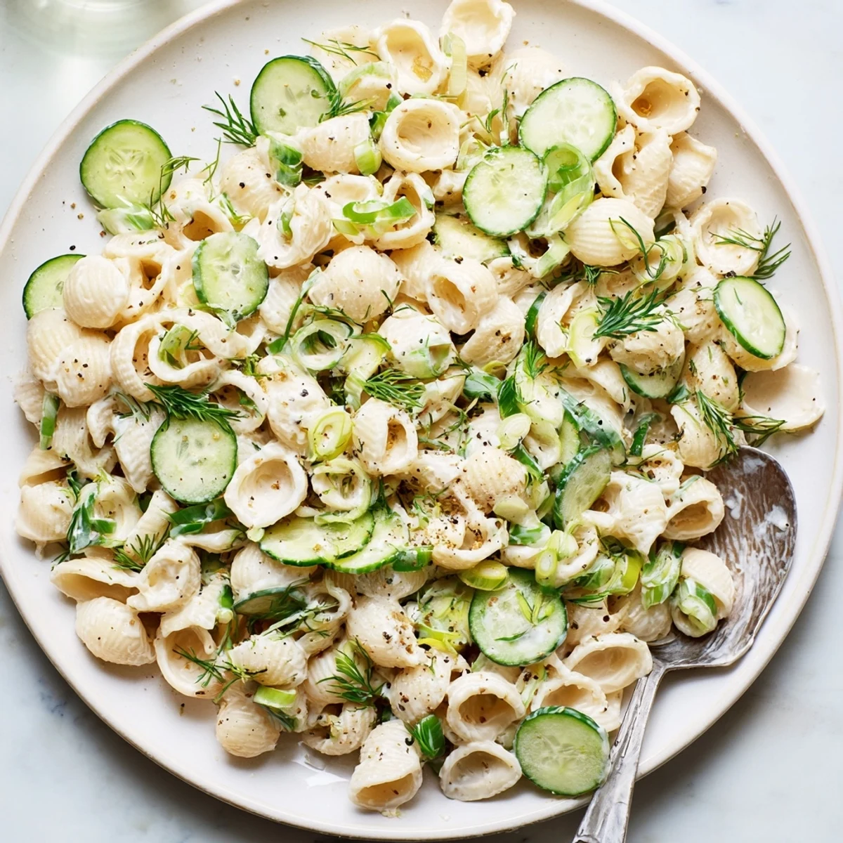 A close-up of creamy Cucumber Crunch Pasta Salad garnished with chopped dill and sliced green onions, ready for a summer picnic.