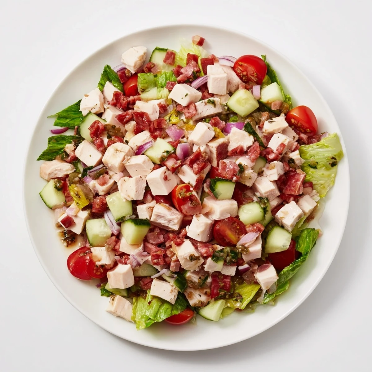 A close-up of the vibrant Italian Deli Chopped Chicken Salad, featuring juicy chopped chicken, salami, and provolone on crisp romaine lettuce, drizzled with a tangy herb dressing.  