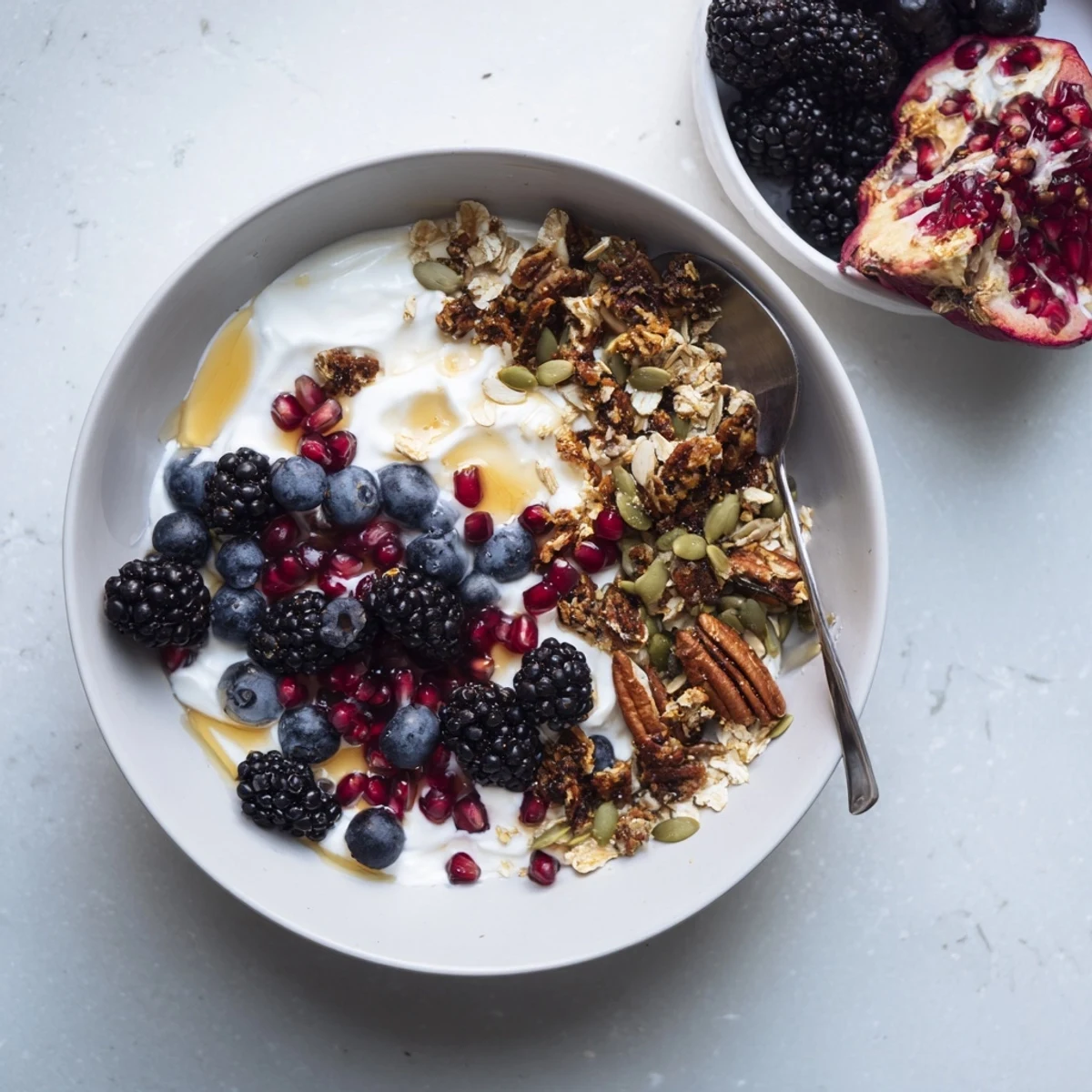 Enjoy this gluten-free friendly yogurt bowl with winter berries and crunchy spiced topping, perfect for a cozy morning.