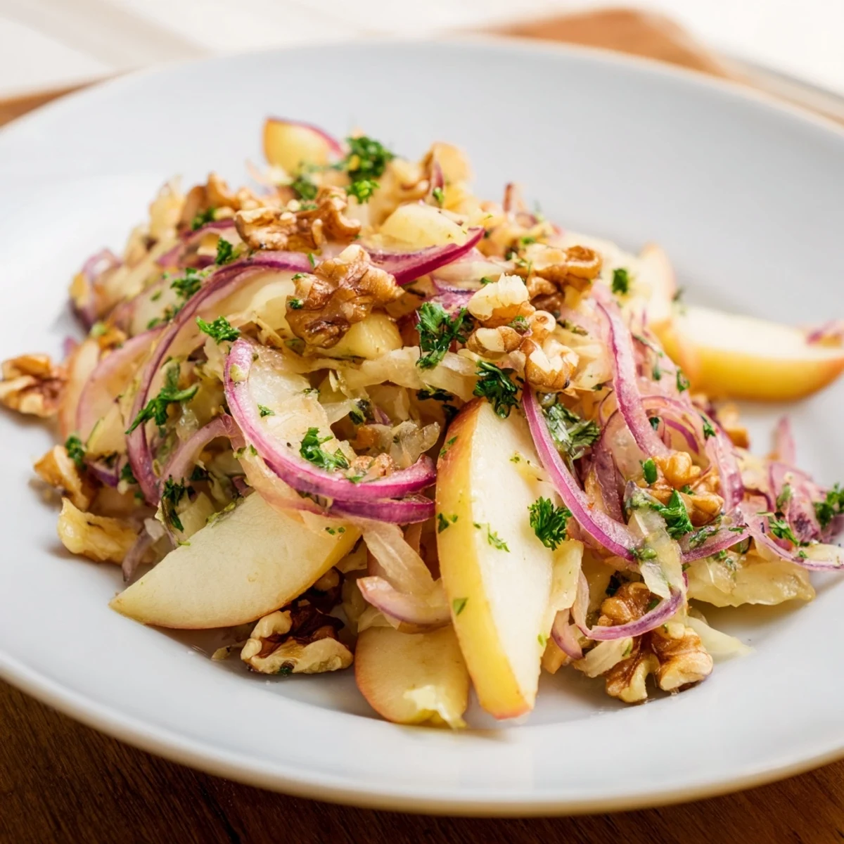 Warm Apple and Sauerkraut Skillet Salad with caramelized apples and toasted walnuts in a cast-iron pan.  