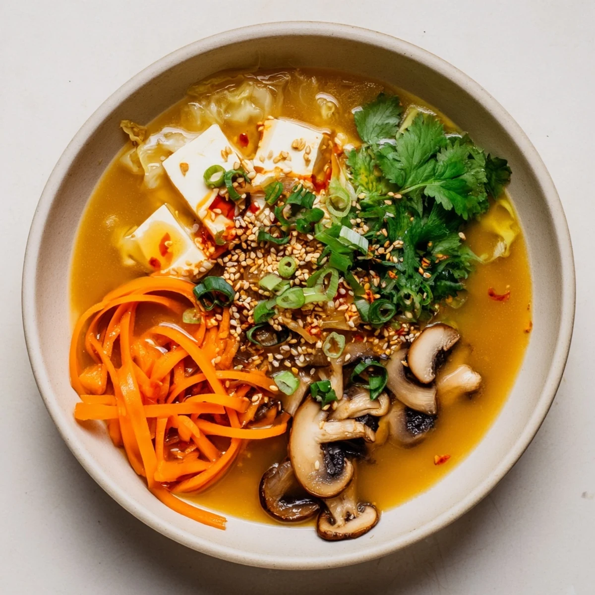 Hearty Ginger-Miso Winter Soup in a cozy bowl, featuring julienned carrots and fresh scallions for warmth.