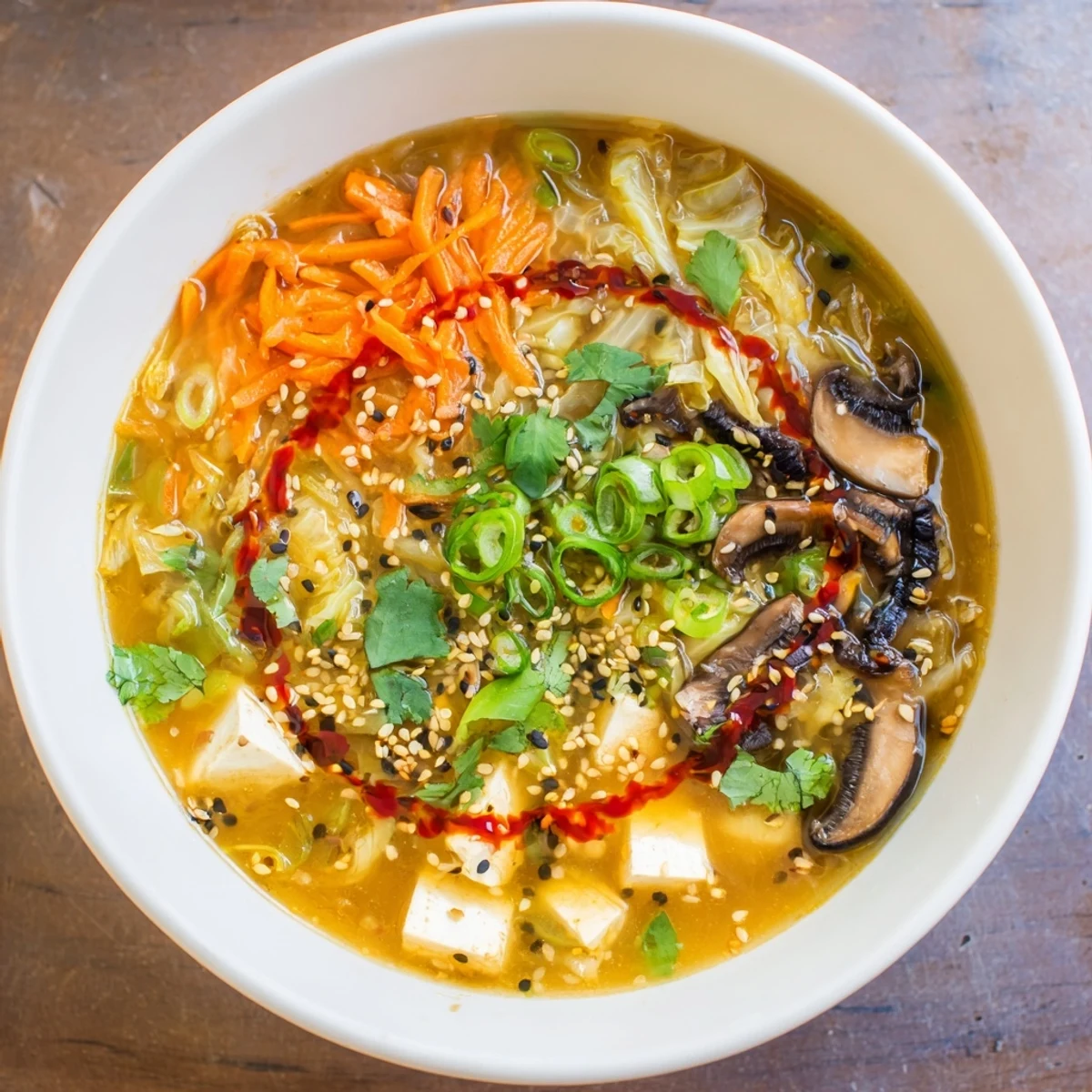 Uplifting Japanese-inspired Ginger-Miso Winter Soup with silken tofu, ready to serve with chili oil and herbs.