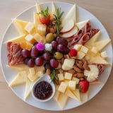 Beautifully arranged star-shaped appetizer board features Brie, cheddar, salami, and fresh fruits for serving.