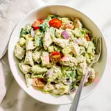Warm seasoned chicken pieces tossed in a vibrant avocado ranch salad with diced cucumbers, celery, and red onion.