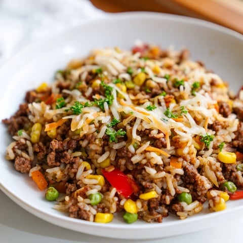 Ground Beef Skillet features a vibrant mix of veggies and tender, fluffy rice.