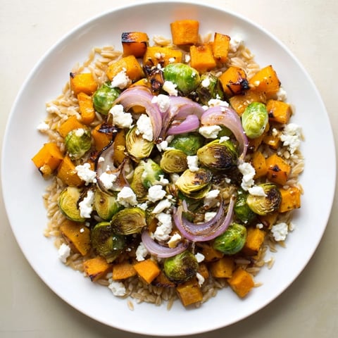 Best Fall Harvest Orzo Salad: A colorful bowl of roasted vegetables and orzo, topped with creamy goat cheese.