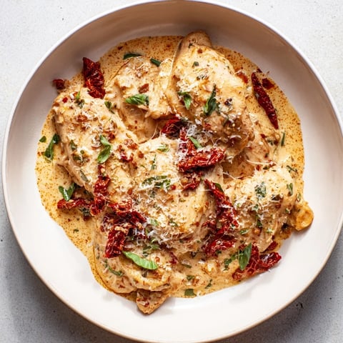 Golden brown Marry Me Chicken Thighs bathed in a creamy, sun-dried tomato sauce ready to serve.