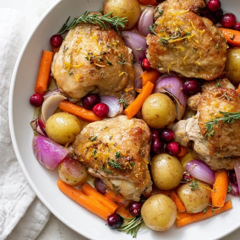 Golden, crispy One-Pan Olive Oil Roast Chicken, vibrantly nestled with cranberries and roasted vegetables.