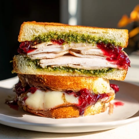 Golden brown Pesto Cranberry Turkey Grilled Cheese Melt, oozing melted cheese and savory turkey, ready to eat.