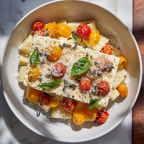 Baked Feta Snowfall Cherry Tomato Christmas Pasta, a vibrant dish with roasted tomatoes and creamy feta.
