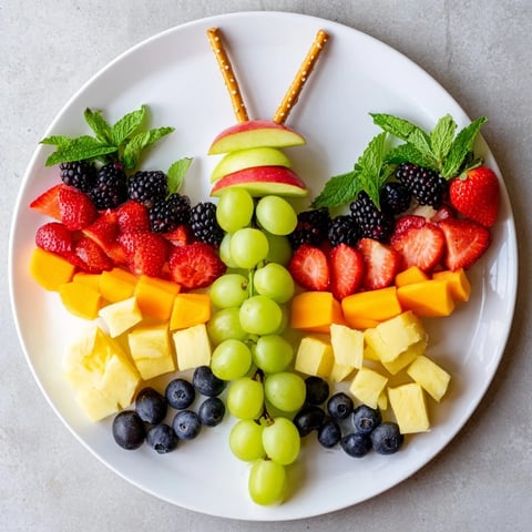 Vibrant Butterfly Fruit Tray with strawberries, grapes, and melon arranged on a large platter for a healthy snack.