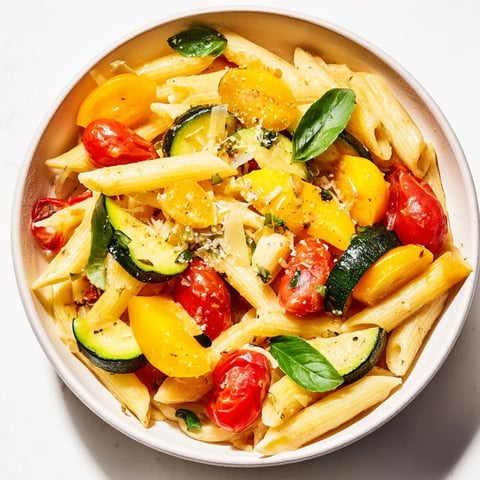 Vibrant Garden Veggie Pasta showcases sautéed zucchini, yellow squash, and cherry tomatoes with fresh basil in a garlic olive oil sauce.  