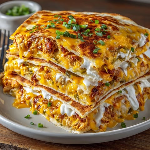 Close-up of a loaded Pickle Ranch Chicken Quesadilla Bake, showing layers of cheese, chicken, and pickles.