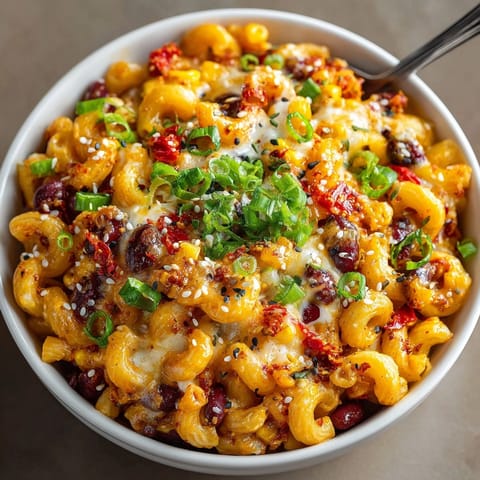A close-up of Korean-Style Honey Butter Corn Chili Mac showing creamy pasta and colorful toppings.