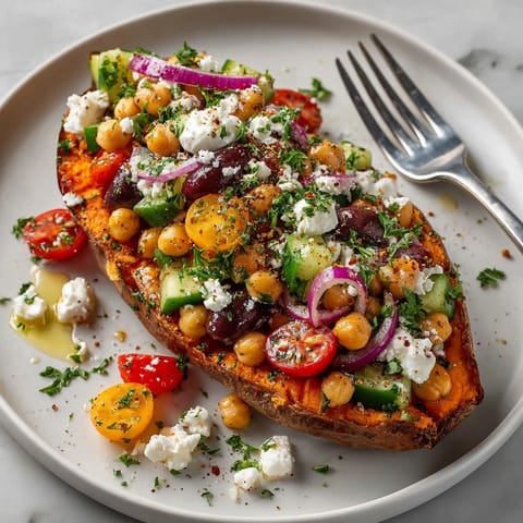 A healthy, vibrant plate of Mediterranean stuffed sweet potato boats, a delicious vegetarian meal idea.