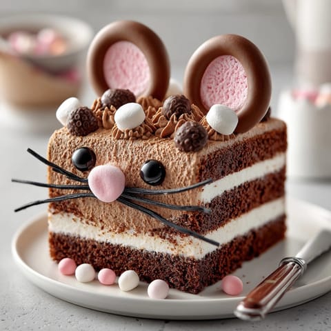 Adorable Silly Rat-Shaped Birthday Cake featuring marshmallow ears, candy decorations, ready to serve.