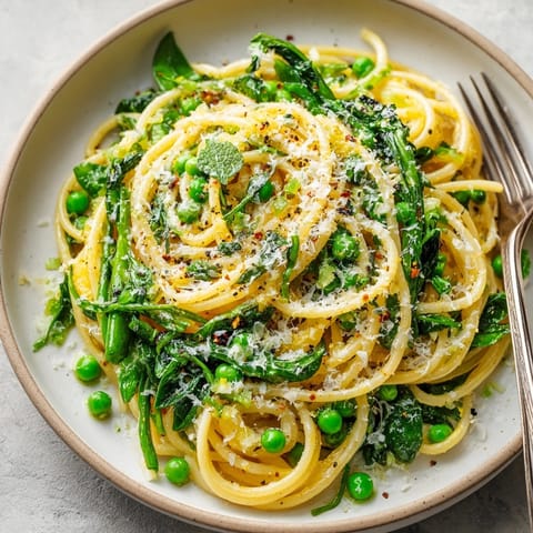 Freshly made Pea Shoot Pasta with Mint Oil Mist, beautifully plated, with vibrant green hues.