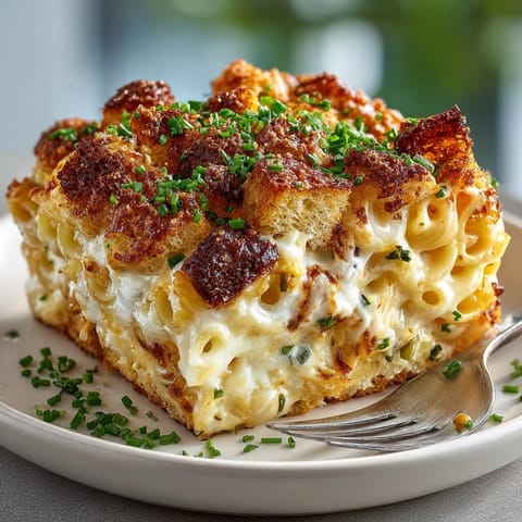 Golden-brown crouton clusters on top of rich, cheesy Grilled Cheese Pasta, a comforting, easy weeknight meal.