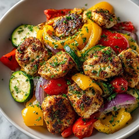 Cajun Chicken and Vegetable Skillet featuring juicy chicken, sautéed peppers, and vibrant fresh parsley garnish.